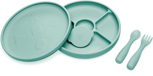 Talktools Bitsy Feeding Kid's Essentials Plate Set – Toddler Utensils, Spoon and Fork, Plate Lid, Perfect for Mealtime – Strong Suction Toddler Plates with 4 Compartments (Sage)