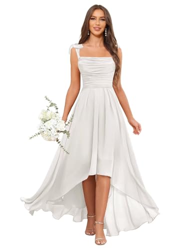 Women's Chiffon Bridesmaid Dresses for Wedding Long High Low Spaghetti Strap Formal Evening Dress with Pockets