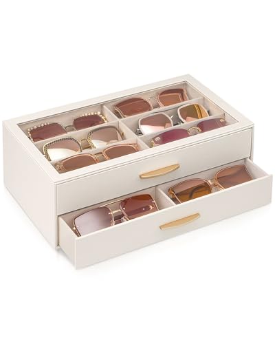 Lolalet 2 Ebenen Sonnenbrillen Aufbewahrung 12 Slots Brillenkoffer mit transparentem Glasdeckel Display Brillenbox Sunglasses Organizer für die Aufbewahrung mehrerer Brillen