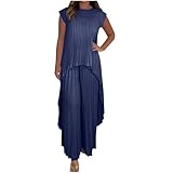 2 Piece Outfits for Women Short Sleeve Crew Neck Pleated Hi-Low Hem Top Wide Leg Palazzo Pants Casual Matching Set
