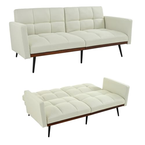 vutizal Sofá cama de 2 plazas con función de cama, sofá futón ajustable para habitaciones pequeñas, sofá de mezcla de lino con reposabrazos patas de metal, 146 cm, color beige