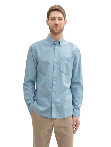 TOM TAILOR Herren Regular Fit Hemd mit Logo-Stickerei an der Brusttasche, 36442 - Tropical Teal Chambray, XXXL – Ansicht 1