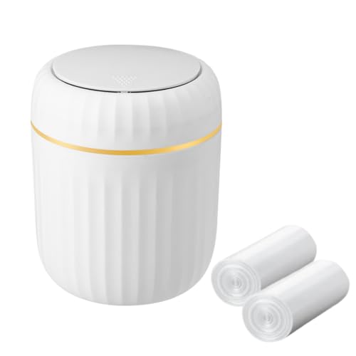 MEETOZ Desktop Trash Can,with Press Type Lid,Mini Plastic Desktop Trash Bin for Family Living Room Kitchen Bathroom Office Car Indoor Plastic Trash Can,with 60 sheets of Trash Bags (White)