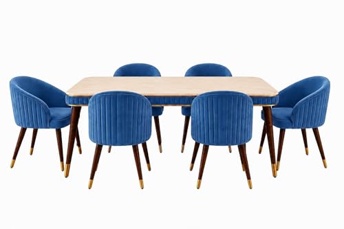 Image of WOODEN SPACE 6-Seater Wooden Dining Table Set | Nano Composite Marble Top | Solid Wood Base | Modern Dining Room Furniture with 6 Chairs (Modern Blue)