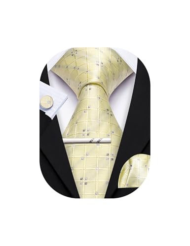 Image of YOHOWA Men Plaid /Striped Ties Set Silk Business Wedding Formal Fashion Necktie and Pocket Square Cufflinks Set