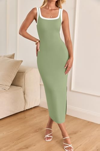 ZESICA Women's 2026 Summer Bodycon Midi Dress Casual Sleeveless Square Neck Side Slit Knit Beach Vacation Long Dresses