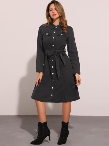 Image of Allegra K Denim Dress for Women's Long Sleeve Button Down A-Line Belted Classic Jean Dresses