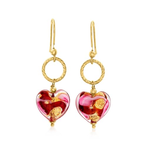 Ross-Simons Italian Red and Pink Murano Glass Heart Drop Earrings in 18kt Gold Over Sterling