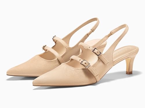Image of Coutgo Womens Slingback Kitten Heels Mary Jane Pumps Closed Pointed Toe Buckle Strap Wedding Dress Shoes