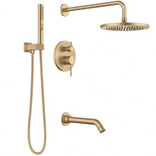 Image of Lava Odoro Modern 3-Setting Bathtub and Shower Faucet, Gold Rainfall Tub Shower Faucet Set Shower Head and Handle Set, Tub Shower Valve Trim Kit, 10 Inch, Champagne Gold, SF104-CB-T