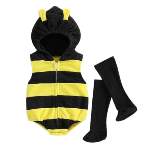 Guodeunh Baby Girl Boy Halloween Outfits Toddler Animal Hooded Romper Jumpsuit With Long Socks 2Pcs Fall Clothes（Bee,0-3 Months）