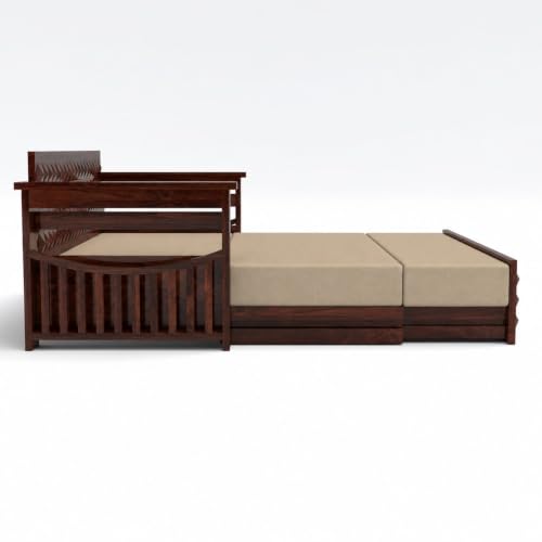Image of Kunjal Furniture Solid Sheesham Wood Sofa Cum Bed with Storage for Living Room | 3-Seater Convertible Sofa Bed | Handmade Wooden Furniture (Walnut, Diamond)