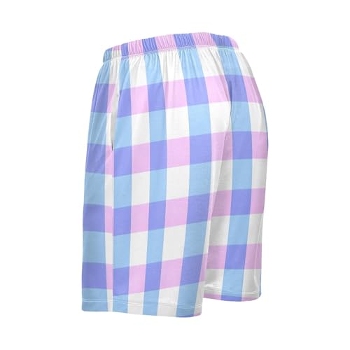 Men's Pajama Shorts, Pastel Blue Pink Plaid Pattern Sleep Pants for Men, Sleepwear Pajama Bottoms Lounge3