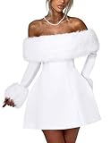 YMDUCH Women's Off Shoulder Long Sleeve Fur Trim A-Line Party Club Mini Dress White