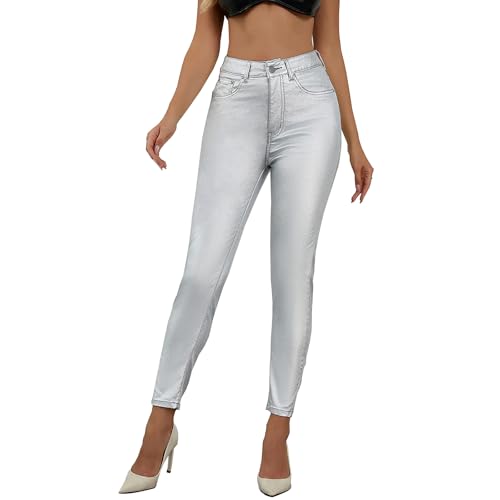 LBDLONGBIDA High Waist PU Leather Pants Stretch Skinny Disco Metallic Legging Pants Lightweight Tights Neon Pants(Silver L)