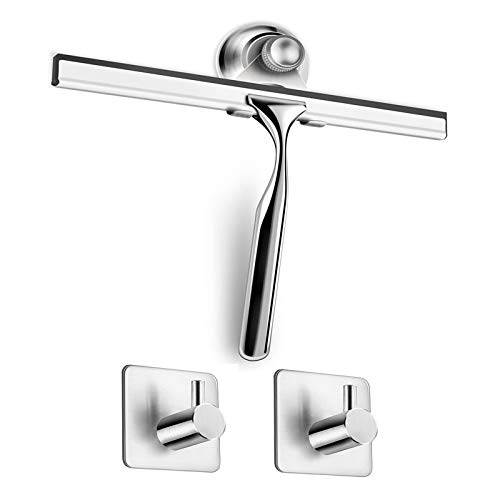 Preisvergleich Produktbild WonderTech Duschabzieher Edelstahl Duschwischer mit Wandaufhänger Ohne Bohren Fensterabzieher, mit 2 Stück Selbstklebend Handtuchhaken