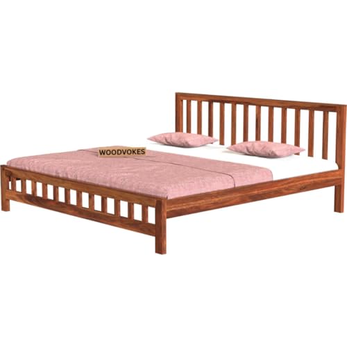 Image of Sheesham Wood Bed Without Storage Solid Wooden Cot Double Bed for Bedroom Living Room Home (Natural, Queen (U.K. Standard))