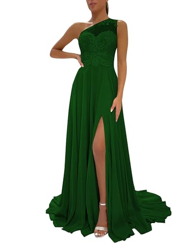 Image of One Shoulder Lace Bridesmaid Dresses Long for Wedding A-Line Chiffon Slit Formal Party Gown with Pockets
