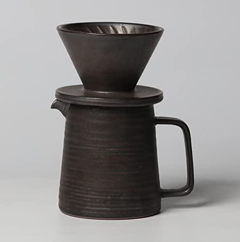 Image of Stoneware Handmade Pour Over Coffee Maker Set, Ceramic Coffee Cone Dripper & Decanter, Pottery V60 Filter Brewer & Coffee Pot, Annular Vein Retro Metallic Black Glazed 16oz