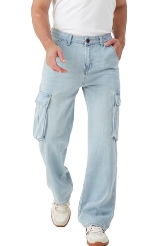 FREDD MARSHALL Cargo Jeans for Mens Relaxed Fit Straight Leg Fashion Work Denim with 6 Pockets