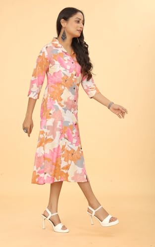 Image of KESUDI A Line Dresses for Women Western Rayon Floral One Piece Dress for Women | Stylish Flared Roll Tab Sleeve | Knee Length Midi Maxi Dress | Wear as Beach, Party