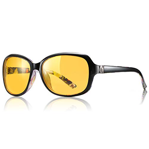 SIPHEW Lunettes Conduite de Nuit Femmes, Polarisées Lunettes de Vision de Nocturne Anti-éblouissement-UV400A/UVB Protection (Lunettes de Vision de Nuit- Noir & Florale) Cover