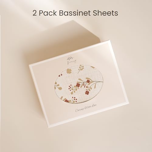 Image of Konssy Muslin Bassinet Sheets for Baby Girl Boy, 2 Pack Soft Breathable Baby Bassinet Mattress Sheets Fit for Hourglass Oval Cradle, Moses Basket Rectangle Mattress (Chestnut, Posy)