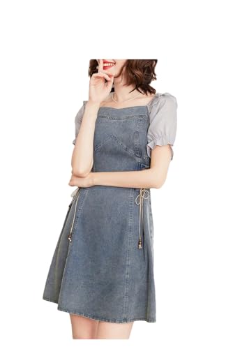 UIOKLMJH Denim Dress for Women Business Drawstring Square Neck Short Sleeve Dress