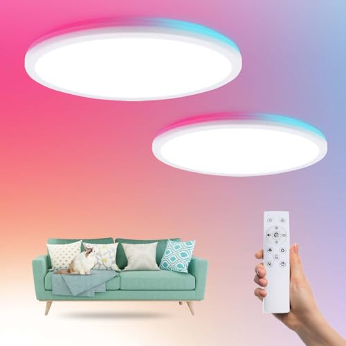 BrightFly Lámpara de techo LED, Luminaria de techo RGB regulable con mando a distancia, cambio de color 3000K-6500K, lámpara de techo para fiestas, salón, dormitorio, cocina, pasillo, oficina en casa