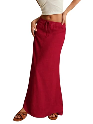 EARKOHA 2025 Women's Summer Maxi Skirt Drawstring Low Waist A Line Linen Long Flowy Skirts Rose Red S
