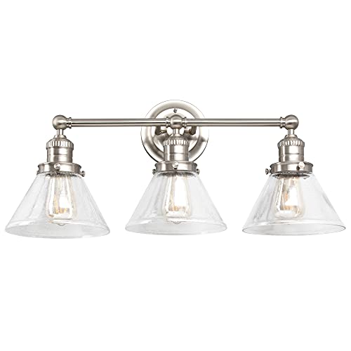 Image of Design House Augustin Vanity Light, 3-Light, Seeded Glass Warm Glow, Dimmable, Up /Down Glow, Easy Installation, E26 Socket, Satin Nickel, 25.9 in L x 8.3 in D x 11.1 in H, 589036-SN