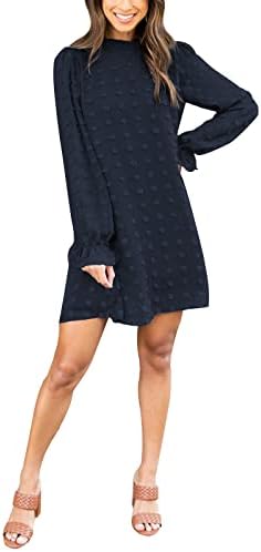 Adibosy Women's Dress Long Sleeve Swiss Dot Mini Dresses Round Neck Loose Chiffon Casual Short Dress Navy Blue L