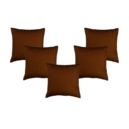 HOMEMONDE Set of 5 Cushion Cover 24 x 24 Inch - Satin Stripe Premium Cotton Decorative Pillow Covers for Sofa, Couch, Chairs, 60 x 60 CM - Brown