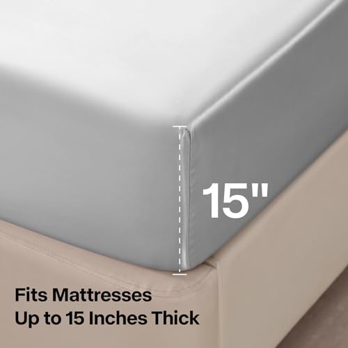 BEDELITE Satin Fitted Sheet and Pillowcase Set, Luxury Soft Similar to Silk Bottom Bed Sheet with Elastic Corner Straps, Deep Pocket up to 15 Inch, 1 Fitted Sheet and 1 Pillowcase(Twin, Grey)