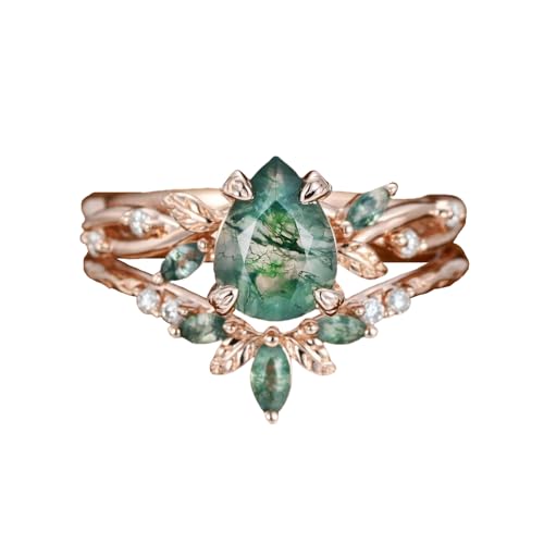 Natural Moss Agate Ring Set Unique Leafy Moss Agate and Moissanite Engagement Rings for Women S925 10K/14K/18K Gold Nature Inspired Wedding Bridal Set Free Engraving