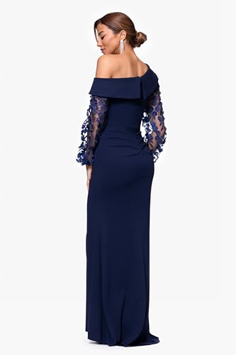 Image of Xscape Women's Long Flower Ilusion Sleeve Off-the-Shoulder Scuba Crepe Gown, Navy, 16