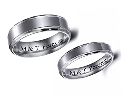 Personalized Stainless Steel Diamond Cut Two Tone Ring Set Custom Engraved Free In Any Language - His & Hers Couple's Ring Set - Wedding Band Set - Ships from USA3