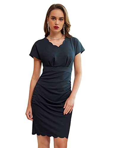LIUMILAC Robe Crayon Droite Elégante Plissée Femme Professionnelle Moulante Slim Col Rond Manche Courte XXL Bleu Marine#32S22 Cover