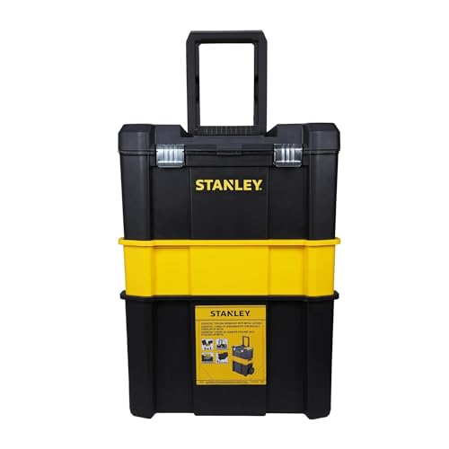 STANLEY Essential Rollende Werkstatt (3-in-1 stapelbare Boxen, leerer Werkzeugkasten, belastbar bis zu 20kg, mit Metallverschlüsse, Organizer für Kleinteile im Deckel) STST1-80151