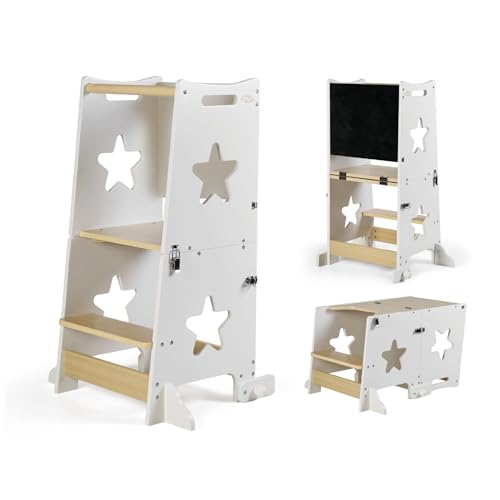 MS BabyWorld – Learn Up – Torre de Aprendizaje Montessori | Convertible en Escritorio con Pizarra y Taburete | Madera Maciza | Barra de Seguridad | Plegable