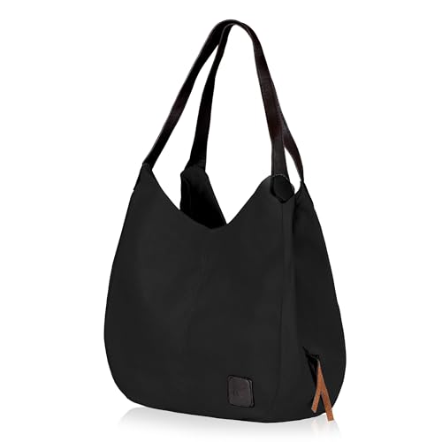 Image of HUGGI Hobo Bags for women | Faux Canvas Material with improve strap & zipper | Elegant hand bag for women in office, function | 33 x 12 x 32 cm (canvas Black)