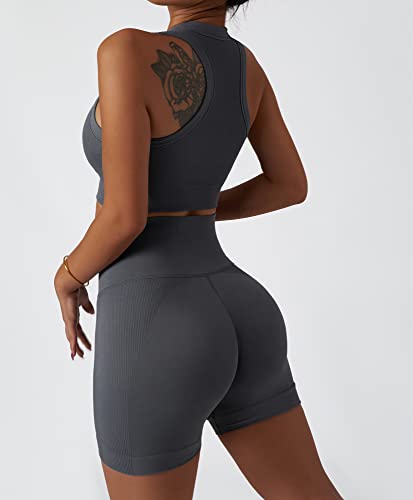 Image of Workout Sets for Women 2 Piece Seamless Ribbed Tank Top Sport Bra High Waist Biker Shorts GYM Yoga Exercise Outfits