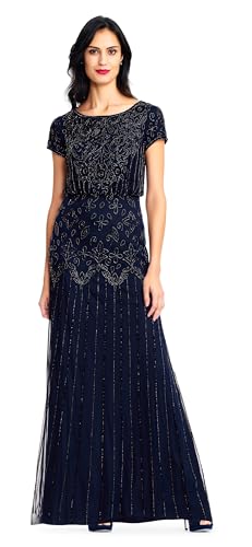 Image of Adrianna Papell Boat Neck Short Sleeve Blouson Beaded Gown