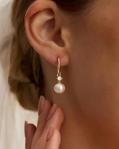 KALOAURA Drop Hoop Earrings for Women, Dainty Freshwater Cultured Pearl Huggie Earrings with Cubic Zirconia, Elegant Bridal Wedding Jewelry, Birthday Gift for Her — view 2