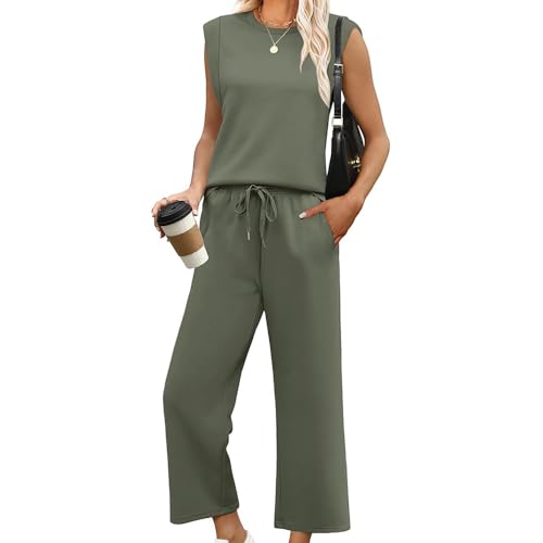 Generisch Jumpsuits für Damen, Jumpsuit Damen Elegant Kurzarm Playsuit Lockerer Rundhalsausschnitt Overall Sommer Hosenanzug (Grün, S)
