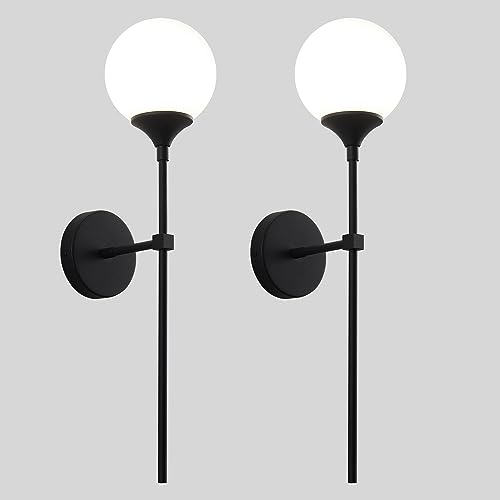 Image of KCO Lighting Farmhouse Matte Black Wall Sconce Set of 2 Vintage Milk White Glass Globe Wall Light Mid Century Modern Bathroom Vanity Light Set of Two Industrial Bar Wall Lamp