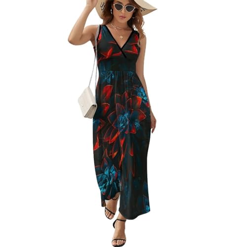 Robe décontracté rose col V longue sans manches en tissu léger respirant