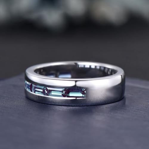 Black/White Gold Mens Alexandrite Polish Finish Wedding Band Baguette Cut Natural Alexandrite Band 6mm 7mm Vintage Half Eternity Ring for Father Husband Grandpa3