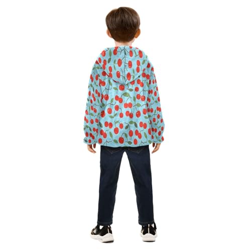 Cherry Pattern on Light Blue Toddler Fleece Jacket Girl Boys Hooded Fleece Jacket Coat Warm Outwear Zip-up 3-10T4