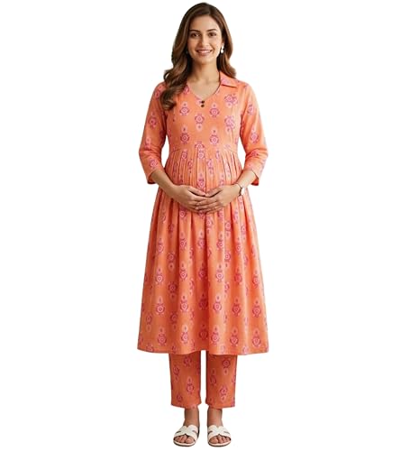 Image of DUMMY SHAPE Maternity Dresses for Women Cotton Rayon | Floral Kurta Pant Dupatta Set with Nursing Zippers to Pre & Post Partum | Feeding Kurtis | Mom to Be Gifts for Pregnant Woman
